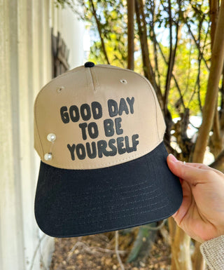 Southern Bliss Good Day To Be Yourself Tan & Black Canvas Otto Trucker Hat