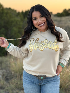 Texas True Threads Blessed in Gold Metallic Puff Sweatshirt - Exclusive