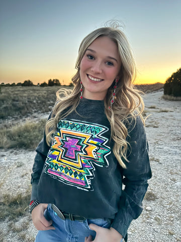 Texas True Threads Callie Ann Stelter Neon Aztec Black Acid Wash Top-Sunshine and Wine Boutique