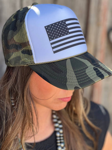 Texas True Threads USA Flag on Camo Foam Trucker Cap-Hats-Sunshine and Wine Boutique