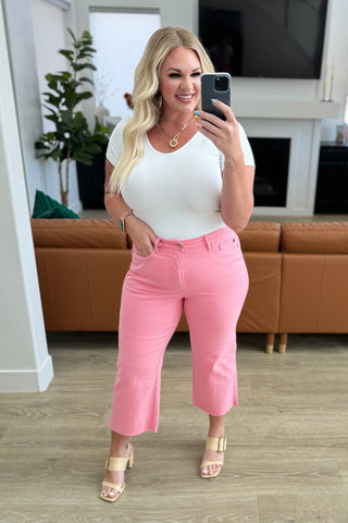 Judy Blue Lisa High Rise Control Top Wide Leg Crop Jeans in Pink - Exclusive