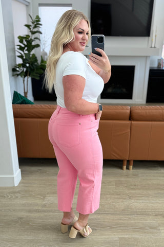 Judy Blue Lisa High Rise Control Top Wide Leg Crop Jeans in Pink - Exclusive