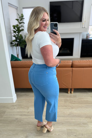 Judy Blue Lisa High Rise Control Top Wide Leg Crop Jeans in Sky Blue - Exclusive