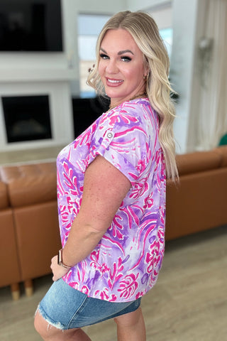 Dear Scarlett Lizzy Cap Sleeve Top in Purple and Hot Pink Watercolor