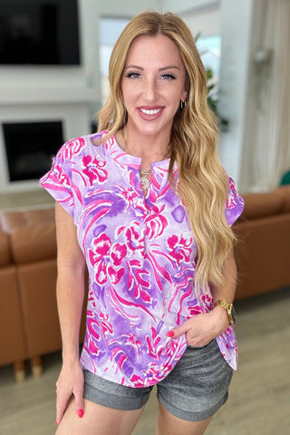 Dear Scarlett Lizzy Cap Sleeve Top in Purple and Hot Pink Watercolor