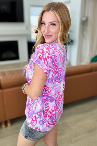 Dear Scarlett Lizzy Cap Sleeve Top in Purple and Hot Pink Watercolor