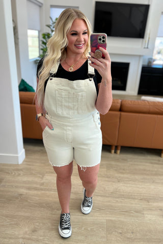 Judy Blue Anna High Rise Garment Dyed Cutoff Shortalls in Ecru - Exclusive