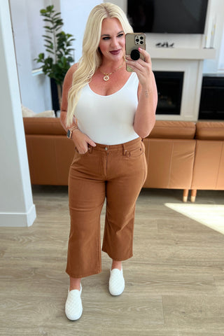 Judy Blue Briar High Rise Control Top Wide Leg Crop Jeans in Camel - Exclusive