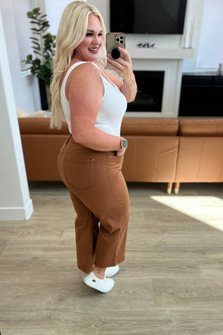 Judy Blue Briar High Rise Control Top Wide Leg Crop Jeans in Camel - Exclusive