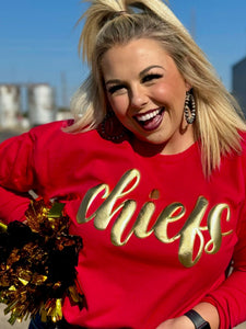 Texas True Threads Chiefs in Metallic Gold Red Sweatshirt - Exclusive-Tees-Sunshine and Wine Boutique