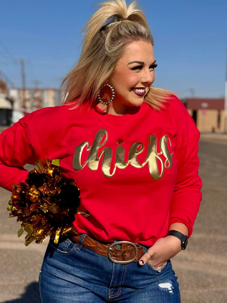 Texas True Threads Chiefs in Metallic Gold Red Sweatshirt - Exclusive-Tees-Sunshine and Wine Boutique