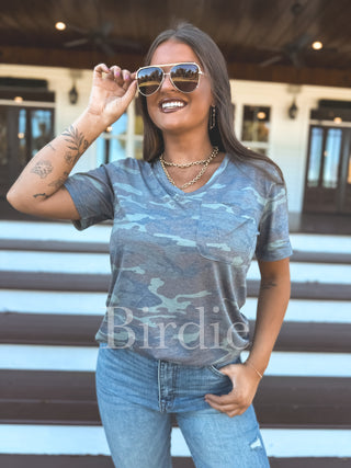 Birdie Soft Style V Neck Pocket Tee in Army Camo
