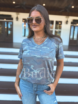Birdie Soft Style V Neck Pocket Tee in Army Camo