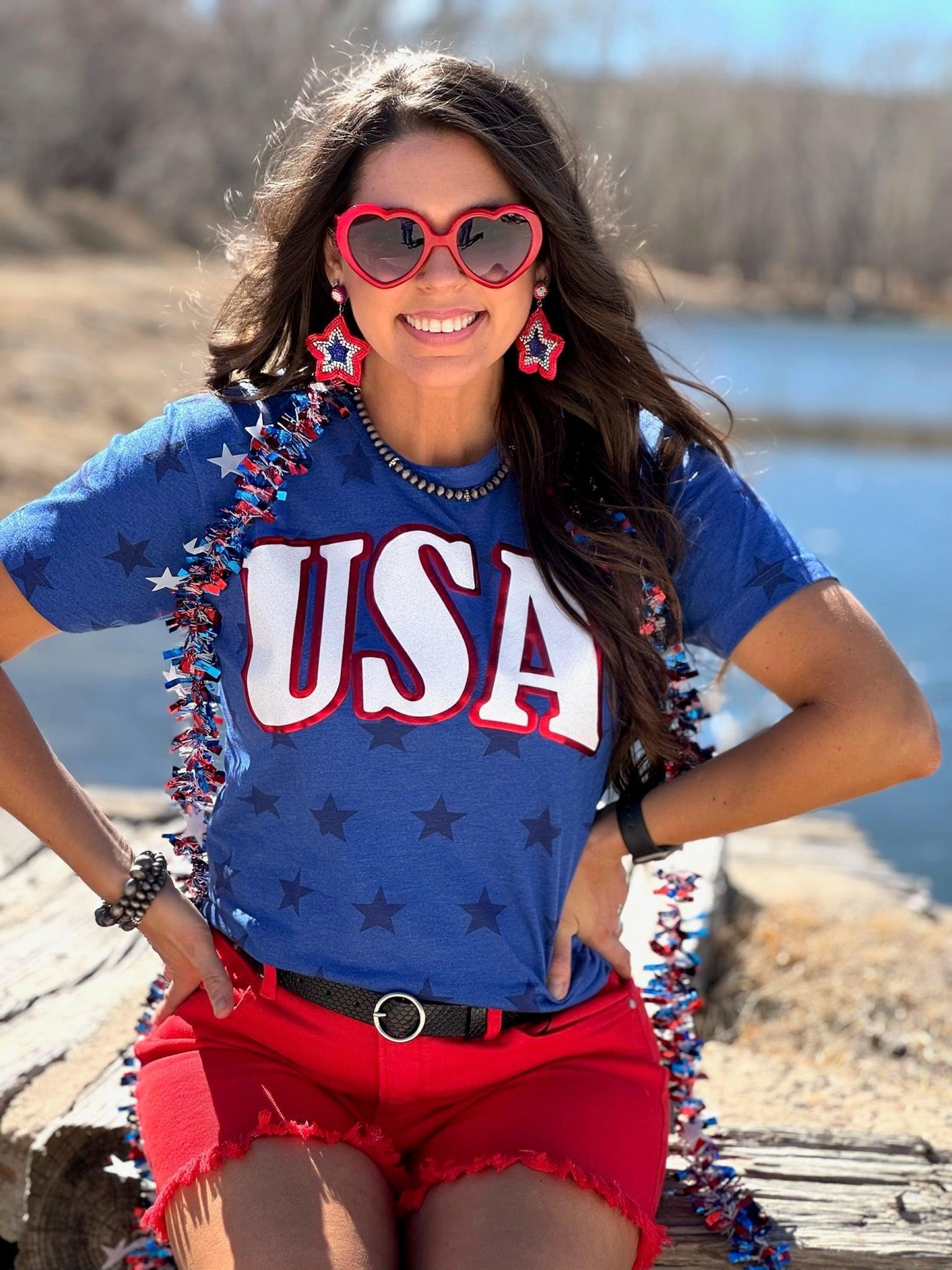 Texas True Threads USA in Glitter & Metallic Puff Stars Tee-Tees-Sunshine and Wine Boutique