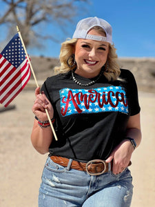 Texas True Threads America on Stars in Red Metallic Puff Tee-Tees-Sunshine and Wine Boutique
