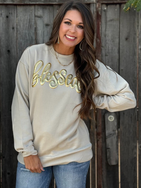 Texas True Threads Blessed in Gold Metallic Puff Sweatshirt-Tees-Sunshine and Wine Boutique