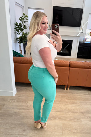 Judy Blue Bridgette High Rise Garment Dyed Slim Jeans in Aquamarine - Exclusive