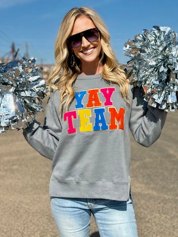 Texas True Threads "Yay Team" Chenille Applique Sweatshirt-Sweaters-Sunshine and Wine Boutique