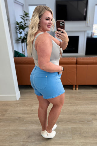 Judy Blue Celeste Mid Rise Shield Pocket Cutoff Shorts in Sky Blue - Exclusive