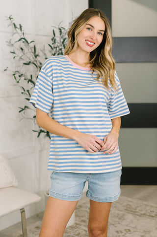 One Eleven North I Think I'm in Love Round Neck Loose Tee in Blue and Pink