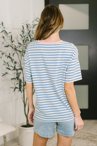 One Eleven North I Think I'm in Love Round Neck Loose Tee in Blue and Pink