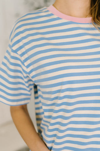 One Eleven North I Think I'm in Love Round Neck Loose Tee in Blue and Pink