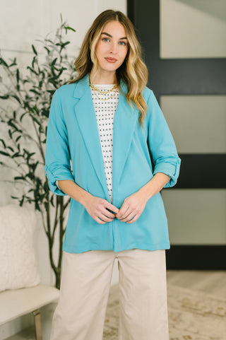 Andree By Unit I'm Really That Gal Open Front Blazer in Aqua