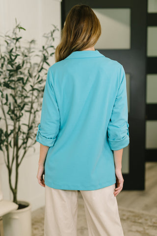 Andree By Unit I'm Really That Gal Open Front Blazer in Aqua