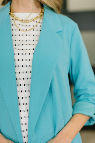 Andree By Unit I'm Really That Gal Open Front Blazer in Aqua