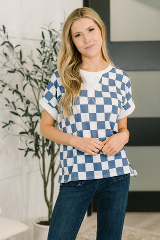7th Ray I've Been Everywhere Crew Neck Checkered Top in Blue