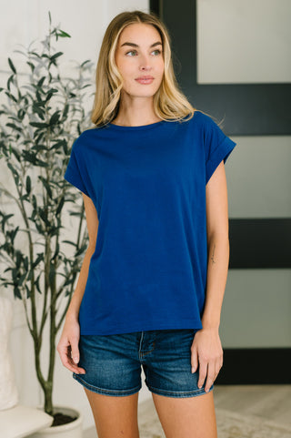 Zenana It Starts Here Basic Rolled Sleeve Tee in Lt Navy