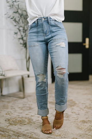 Judy Blue Aiden High Rise Patch Pocket Distressed Boyfriend Jeans - Exclusive