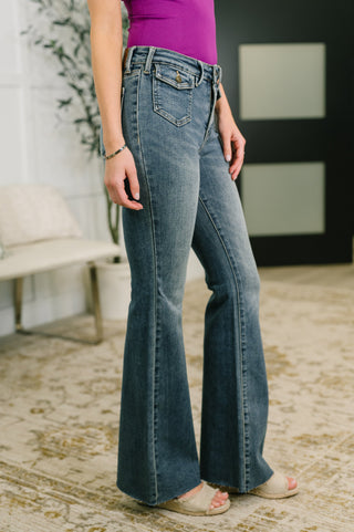 Judy Blue Jackie Mid Rise Flare Jean with Front Flap Pockets - Exclusive