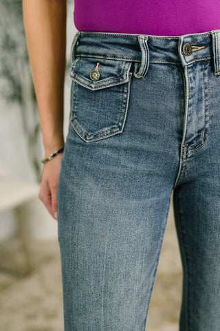 Judy Blue Jackie Mid Rise Flare Jean with Front Flap Pockets - Exclusive