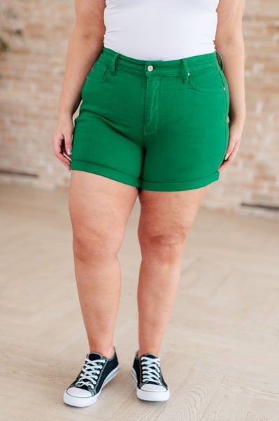 Judy Blue High Rise Tummy Control Garment Dyed Green Cuffed Shorts 150283 - Exclusive-Shorts-Sunshine and Wine Boutique