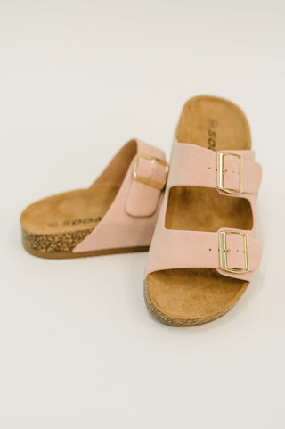 Soda Jete Nubuck Double Buckle Slides in Blush