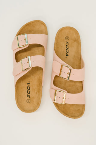 Soda Jete Nubuck Double Buckle Slides in Blush