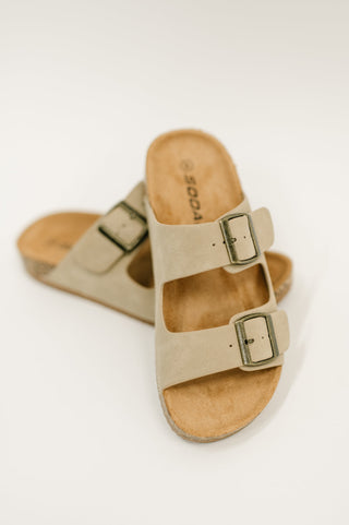Soda Jete Nubuck Double Buckle Slides in Light Taupe