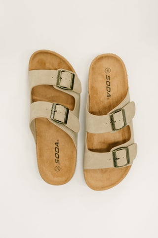 Soda Jete Nubuck Double Buckle Slides in Light Taupe
