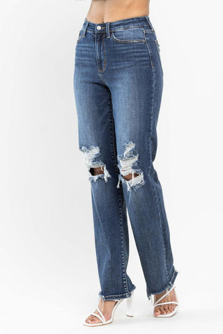 Judy Blue High Waist 90's Knee Destroy Straight Denim Jeans 82592