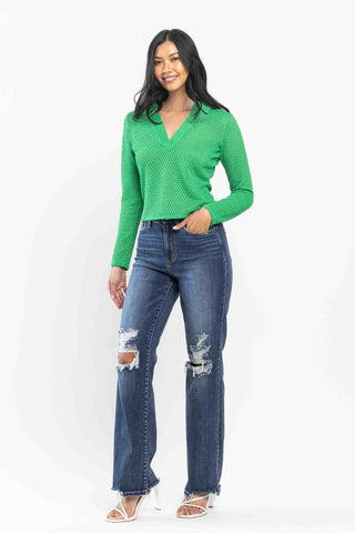 Judy Blue High Waist 90's Knee Destroy Straight Denim Jeans 82592