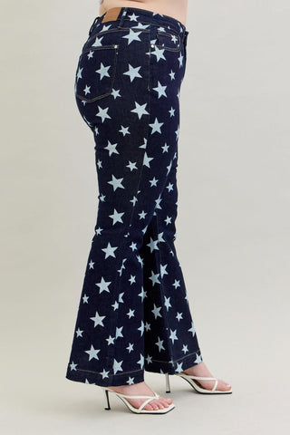Judy Blue High Waist All Over Star Print Rinse Wash Flare Denim Jeans 88662