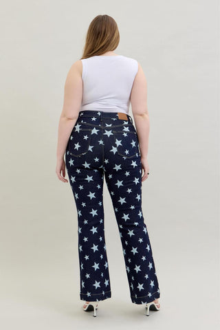 Judy Blue High Waist All Over Star Print Rinse Wash Flare Denim Jeans 88662