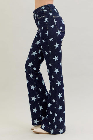 Judy Blue High Waist All Over Star Print Rinse Wash Flare Denim Jeans 88662