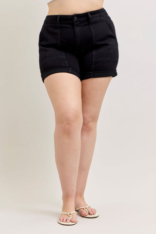 Judy Blue High Waist Aurora Weekender Double Rolled Cuff Black Denim Short 150358