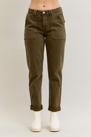 Judy Blue High Waist Aurora Weekender Garment Dyed Dark Forest Green Cuffed Slim Straight Jogger Denim Jeans 881009