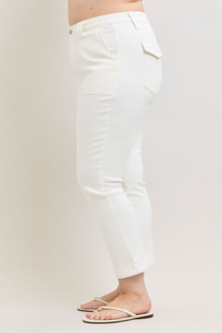 Judy Blue High Waist Aurora Weekender Garment Dyed White Cuffed Slim Straight Jogger Denim Jeans 881083