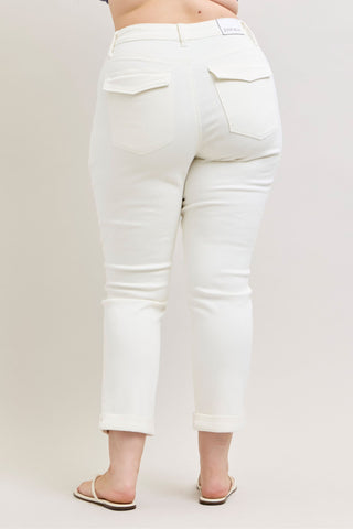 Judy Blue High Waist Aurora Weekender Garment Dyed White Cuffed Slim Straight Jogger Denim Jeans 881083