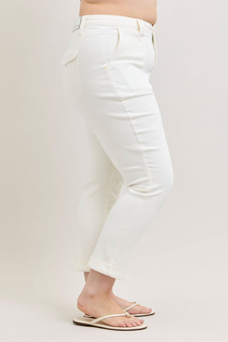 Judy Blue High Waist Aurora Weekender Garment Dyed White Cuffed Slim Straight Jogger Denim Jeans 881083