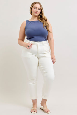 Judy Blue High Waist Aurora Weekender Garment Dyed White Cuffed Slim Straight Jogger Denim Jeans 881083